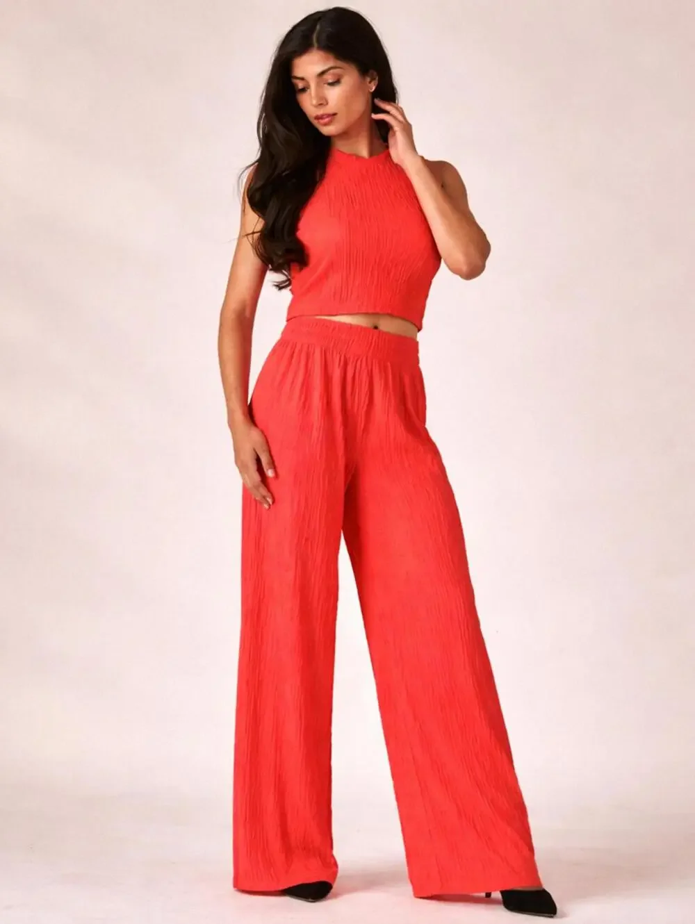 Love Poem Plisse Lounge Set M Coral Red Wide Leg 2pc Spring NWT Chic